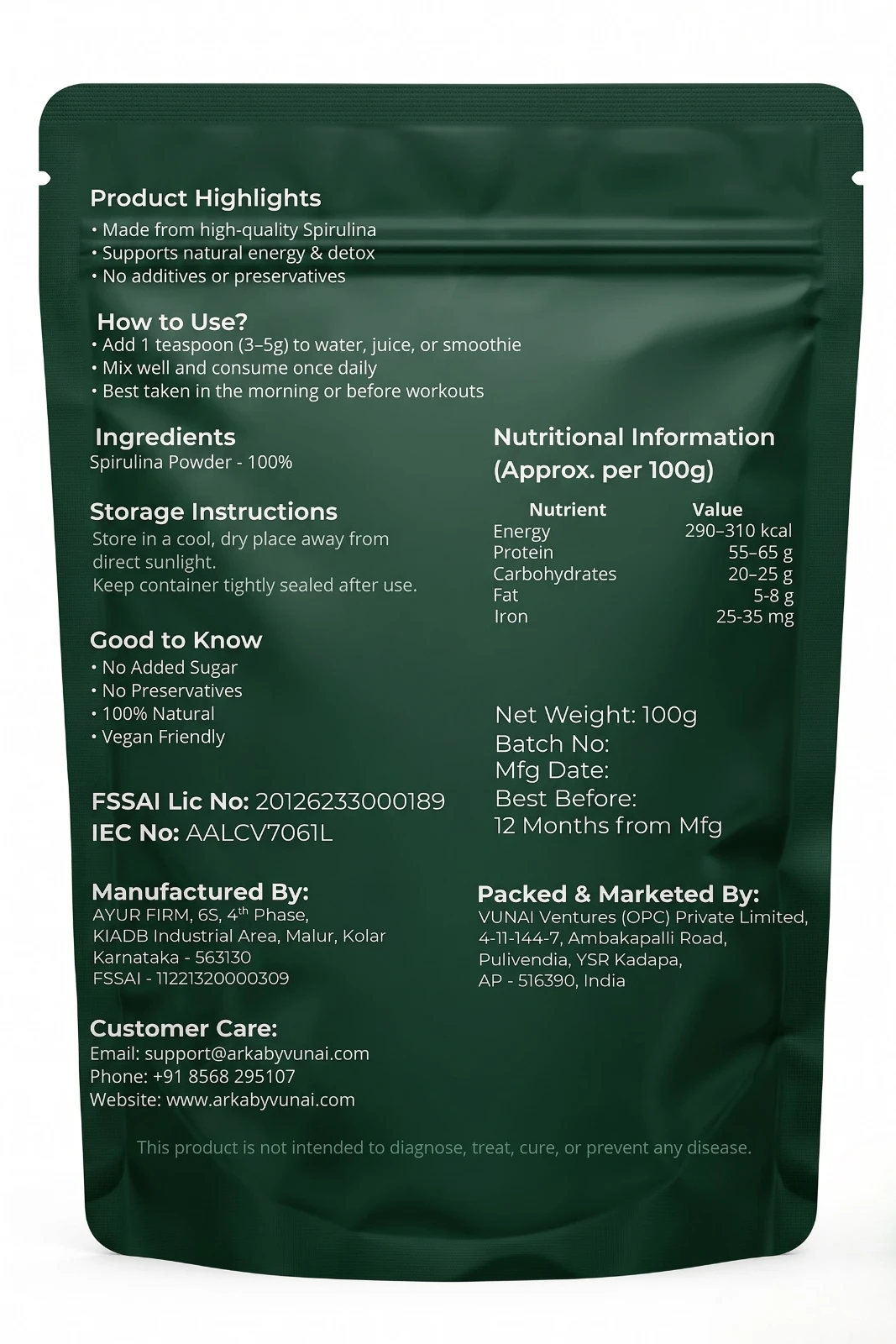 ARKA by VUNAI | Green Energy | Spirulina Powder | 100 g view 2