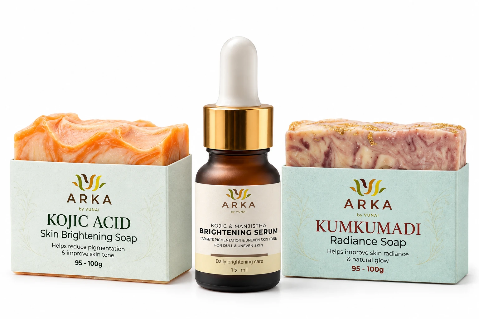 ARKA by VUNAI | Kojic Acid & Manjistha Skincare Combo | 2 Soaps + 1 Face Serum view 1
