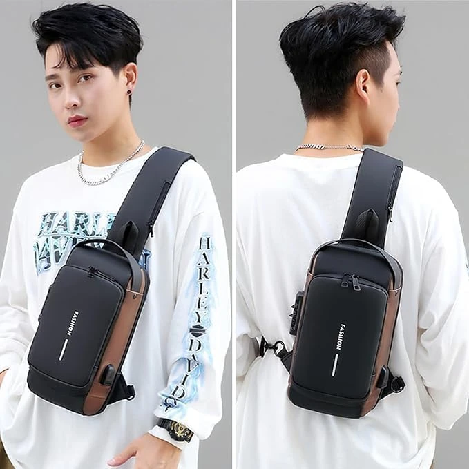 Design Studio Sling Bag For Men & Women, Anti-Theft Chest Bag With USB Charging Port, Waterproof Small Backpack for Outdoor, Work, Hiking, Running, Sport & Travel (Black & Golden) view 4