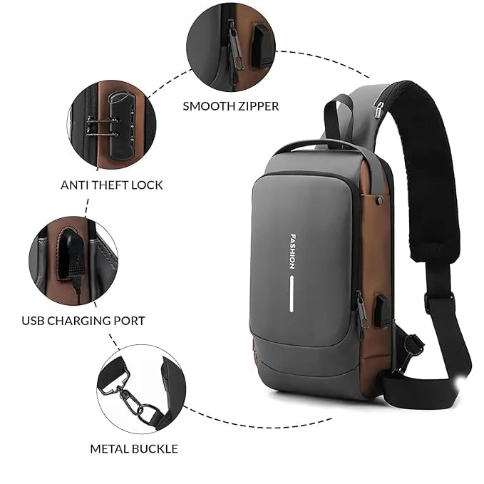 Design Studio Sling Bag For Men & Women, Anti-Theft Chest Bag With USB Charging Port, Waterproof Small Backpack for Outdoor, Work, Hiking, Running, Sport & Travel (Black & Golden) view 2