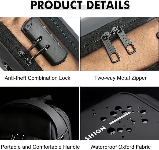 Design Studio Sling Bag For Men & Women, Anti-Theft Chest Bag With USB Charging Port, Waterproof Small Backpack for Outdoor, Work, Hiking, Running, Sport & Travel (Black & Golden) view 5