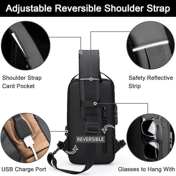 Design Studio Sling Bag For Men & Women, Anti-Theft Chest Bag With USB Charging Port, Waterproof Small Backpack for Outdoor, Work, Hiking, Running, Sport & Travel (Black & Golden) view 6