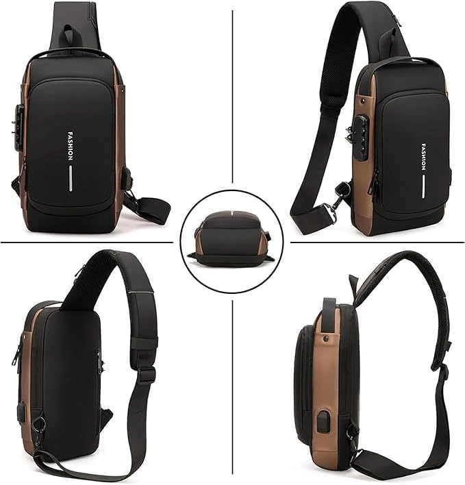 Design Studio Sling Bag For Men & Women, Anti-Theft Chest Bag With USB Charging Port, Waterproof Small Backpack for Outdoor, Work, Hiking, Running, Sport & Travel (Black & Golden) view 3
