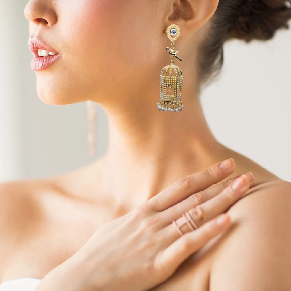 Tahaniya Vintage Birdcage Pearl Drop Earrings Jhumki Earring view 2