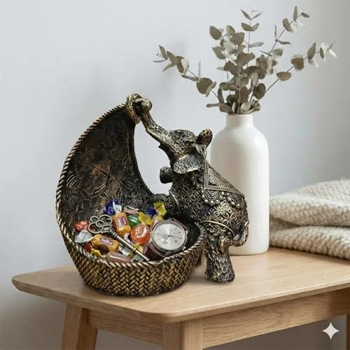 Vintage Elephant Holding Basket Statue