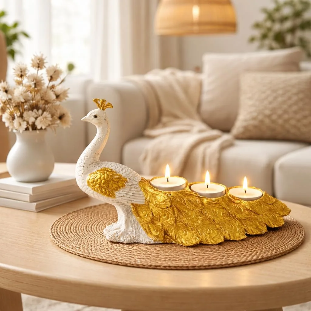 Golden Peacock Tealight Candle Holder Showpiece