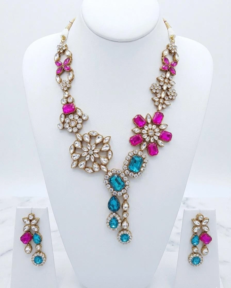 WP:251 Dark Pink & Sky Blue Crystal Necklace Set view 2