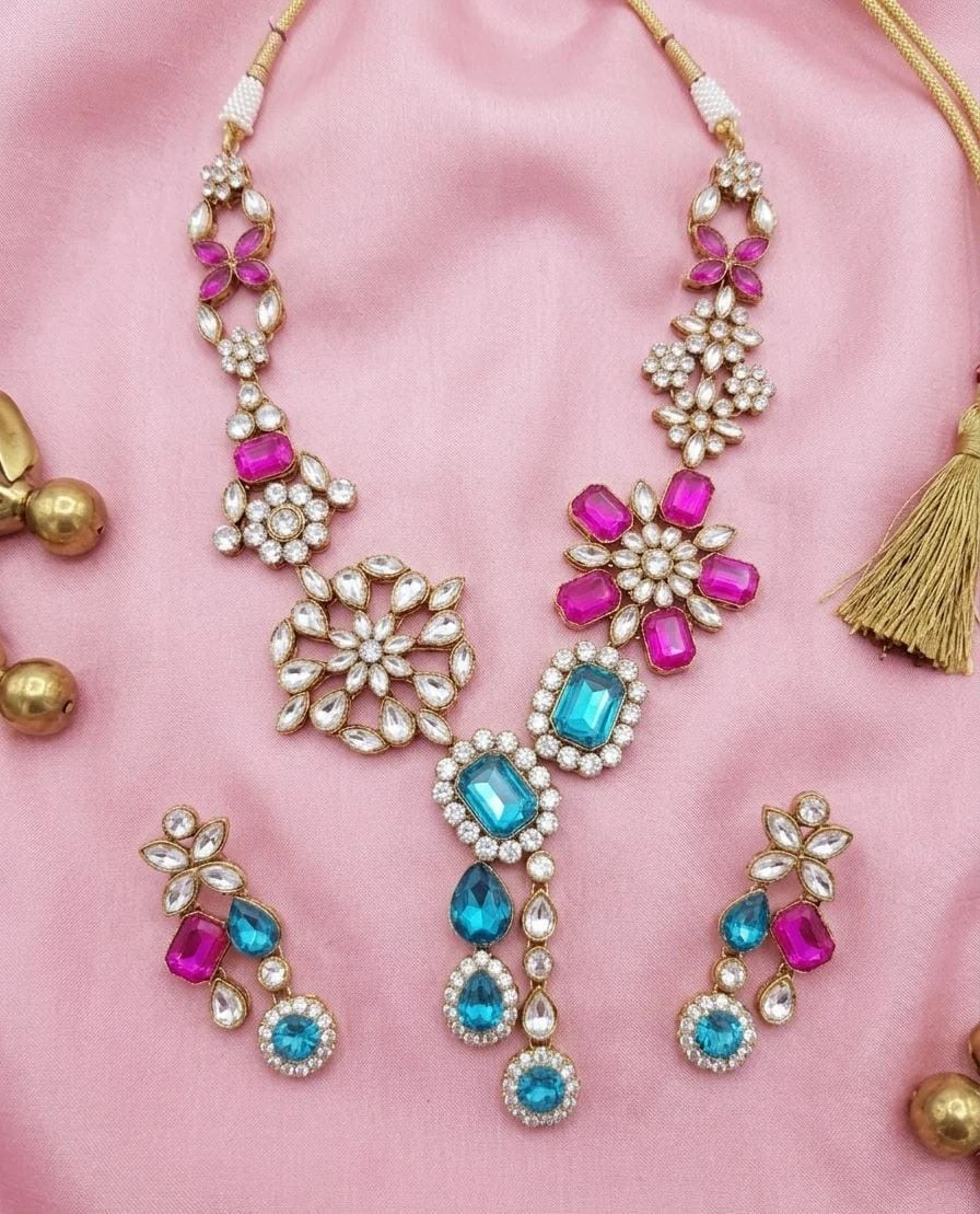 WP:251 Dark Pink & Sky Blue Crystal Necklace Set view 3