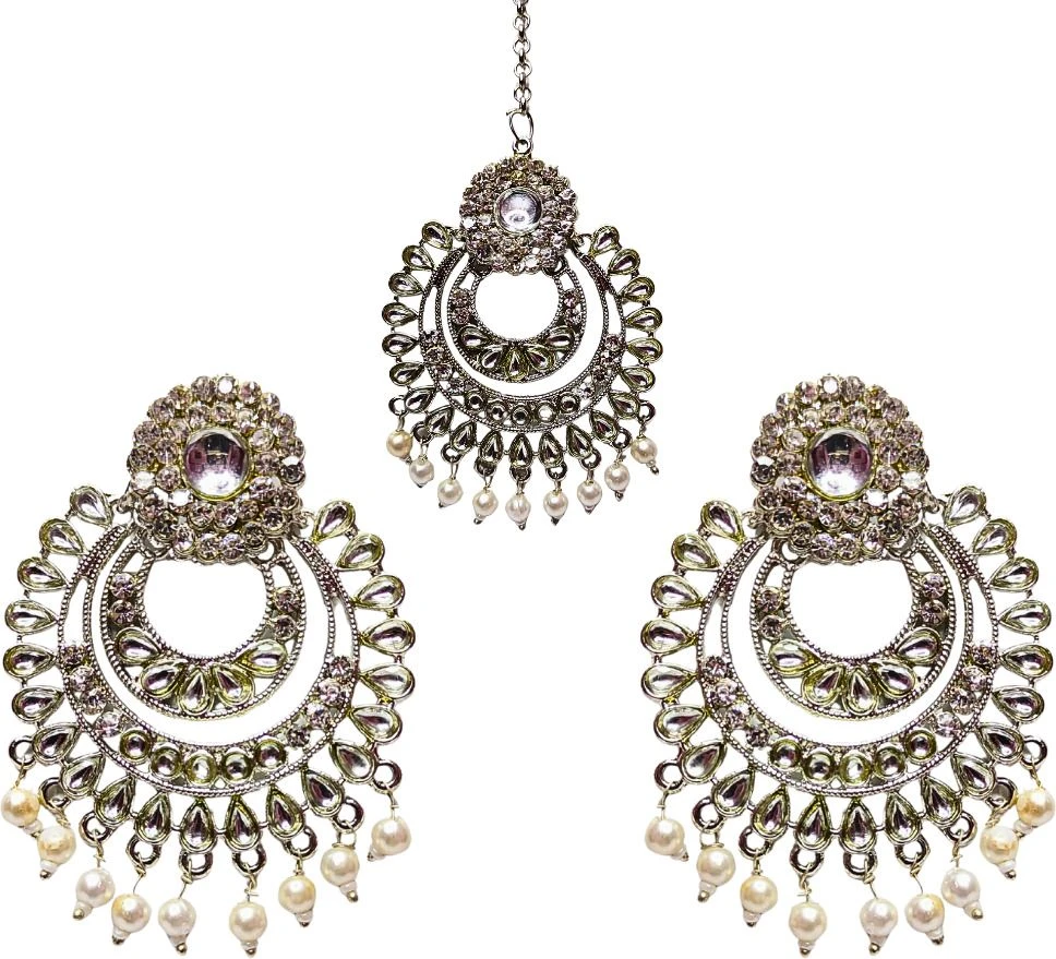 Tahaniya Chandini Boond Silver Dewdrop Maang Tika & Earring Chandbali Earring view 1