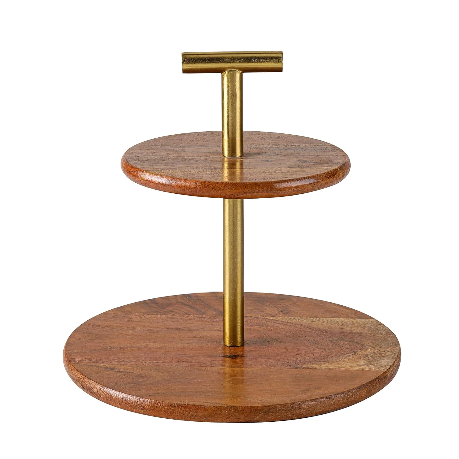 Medium 2-Tier Mango Wood And Metal Cake Stand, Cupcake And Dessert Stand, Tea Party Pastry Serving Platter In Gift Box (Gold/Natural Finish Round) view 1