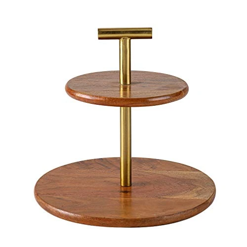 Medium 2-Tier Mango Wood And Metal Cake Stand, Cupcake And Dessert Stand, Tea Party Pastry Serving Platter In Gift Box (Gold/Natural Finish Round) view 3
