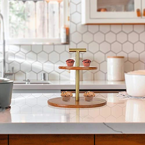 Medium 2-Tier Mango Wood And Metal Cake Stand, Cupcake And Dessert Stand, Tea Party Pastry Serving Platter In Gift Box (Gold/Natural Finish Round) view 6
