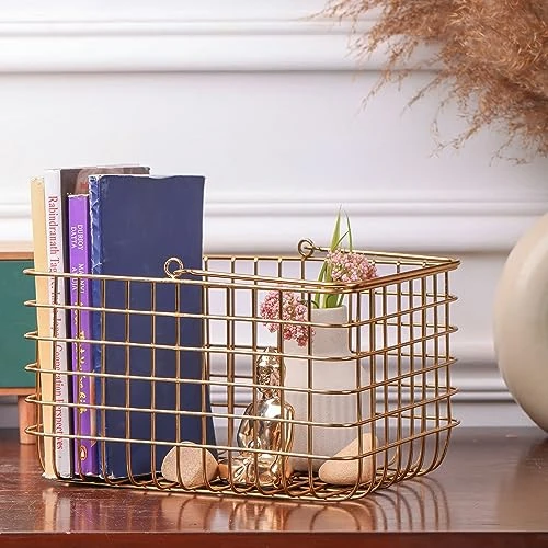 Craft Brio -A TRENDY HANDICRAFTS Wire Metal Square Decorative Diwali Gifting Basket Gold Finish (Size - 10 x 8 x 7 Ht) view 7