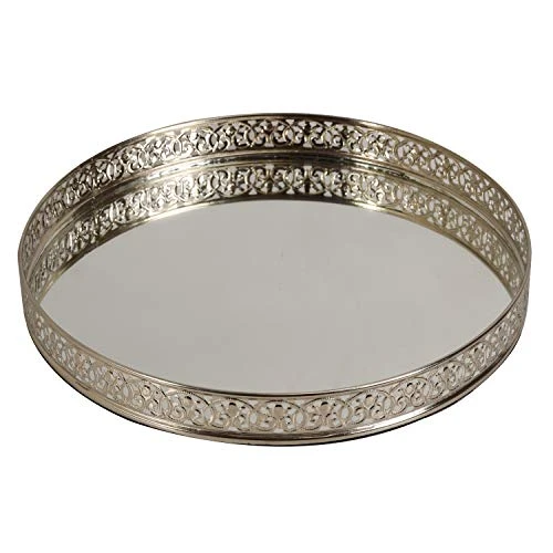 Craft Brio -A TRENDY HANDICRAFTS Round Decorative Mirror Tray 10 inches Dia Gold Plated Round Decorative Glass Mirror for Weeding and Pooja Diwali Gifting (10 X 10 X 2 Inches) (Sil view 2