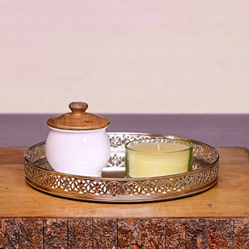 Craft Brio -A TRENDY HANDICRAFTS Round Decorative Mirror Tray 10 inches Dia Gold Plated Round Decorative Glass Mirror for Weeding and Pooja Diwali Gifting (10 X 10 X 2 Inches) (Sil view 4