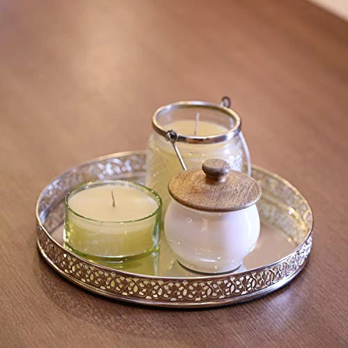 Craft Brio -A TRENDY HANDICRAFTS Round Decorative Mirror Tray 10 inches Dia Gold Plated Round Decorative Glass Mirror for Weeding and Pooja Diwali Gifting (10 X 10 X 2 Inches) (Sil view 8