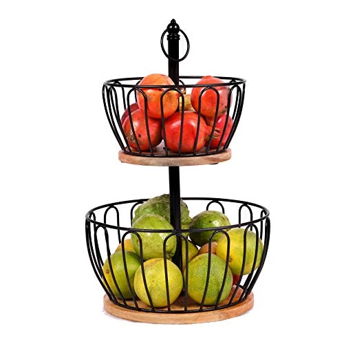 Craft Brio -A TRENDY HANDICRAFTS 2 Tier Home and Kitchen Fruit Vegetable Baskets Metal and Wooden Multicolor Black/Gold/Rose Gold Size (16.5 Inches Height) (Black) view 4