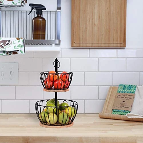 Craft Brio -A TRENDY HANDICRAFTS 2 Tier Home and Kitchen Fruit Vegetable Baskets Metal and Wooden Multicolor Black/Gold/Rose Gold Size (16.5 Inches Height) (Black) view 5