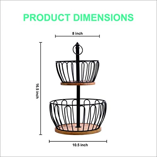 Craft Brio -A TRENDY HANDICRAFTS 2 Tier Home and Kitchen Fruit Vegetable Baskets Metal and Wooden Multicolor Black/Gold/Rose Gold Size (16.5 Inches Height) (Black) view 2