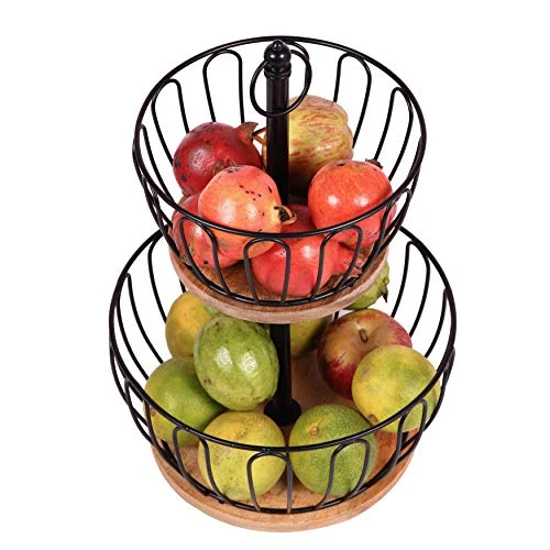 Craft Brio -A TRENDY HANDICRAFTS 2 Tier Home and Kitchen Fruit Vegetable Baskets Metal and Wooden Multicolor Black/Gold/Rose Gold Size (16.5 Inches Height) (Black) view 7