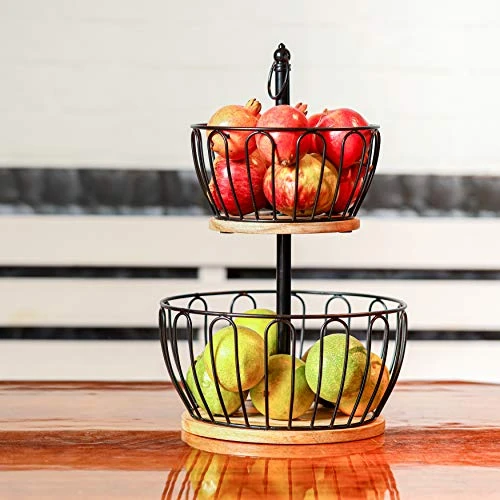 Craft Brio -A TRENDY HANDICRAFTS 2 Tier Home and Kitchen Fruit Vegetable Baskets Metal and Wooden Multicolor Black/Gold/Rose Gold Size (16.5 Inches Height) (Black) view 8