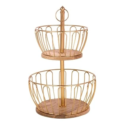 Craft Brio -A TRENDY HANDICRAFTS Round 2 Metal And Wooden Tier Home And Kitchen Fruit Vegetable Baskets (Gold, 16.5 Inches Height) view 2