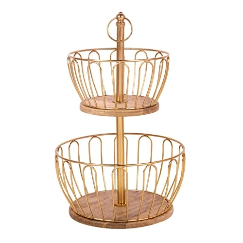 Craft Brio -A TRENDY HANDICRAFTS Round 2 Metal And Wooden Tier Home And Kitchen Fruit Vegetable Baskets (Gold, 16.5 Inches Height) view 3