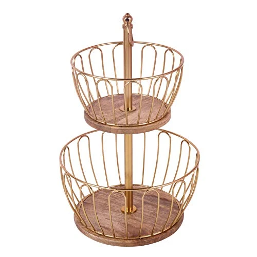 Craft Brio -A TRENDY HANDICRAFTS Round 2 Metal And Wooden Tier Home And Kitchen Fruit Vegetable Baskets (Gold, 16.5 Inches Height) view 4