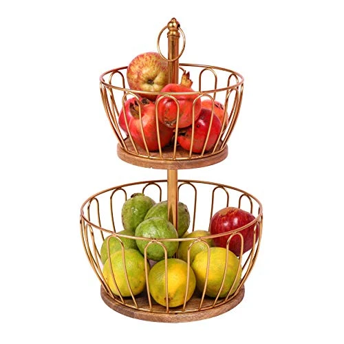 Craft Brio -A TRENDY HANDICRAFTS Round 2 Metal And Wooden Tier Home And Kitchen Fruit Vegetable Baskets (Gold, 16.5 Inches Height) view 5