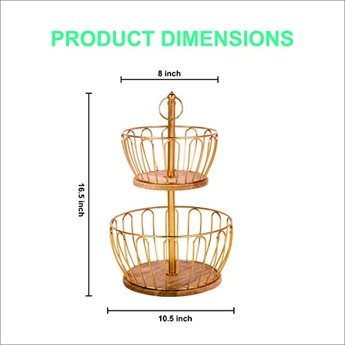 Craft Brio -A TRENDY HANDICRAFTS Round 2 Metal And Wooden Tier Home And Kitchen Fruit Vegetable Baskets (Gold, 16.5 Inches Height) view 6