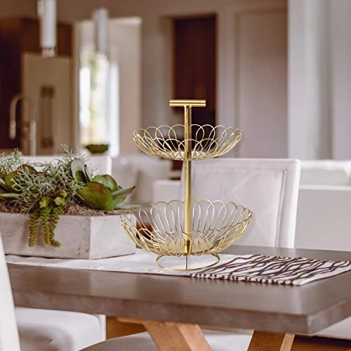 Craft Brio -A TRENDY HANDICRAFTS Metal Multifunctional 2 Tier Gold Decorative Countertop Storage Basket Free Standing Decorative Organizer(11.5 IN) view 5