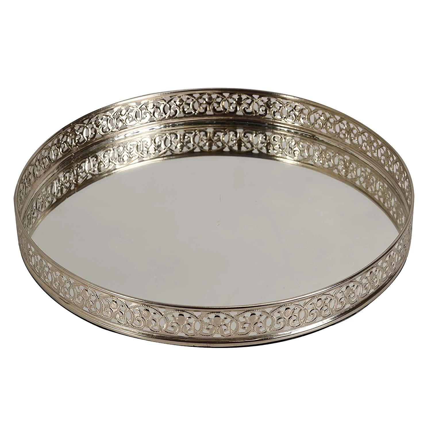 Craft Brio -A TRENDY HANDICRAFTS Copper/Silvery/Gold Plated Metal and Glass Round Decorative Laser Cutting Tray Scratch-Resistant Glass Mirror Vanity Cosmetics Perfume Organizer (S view 4