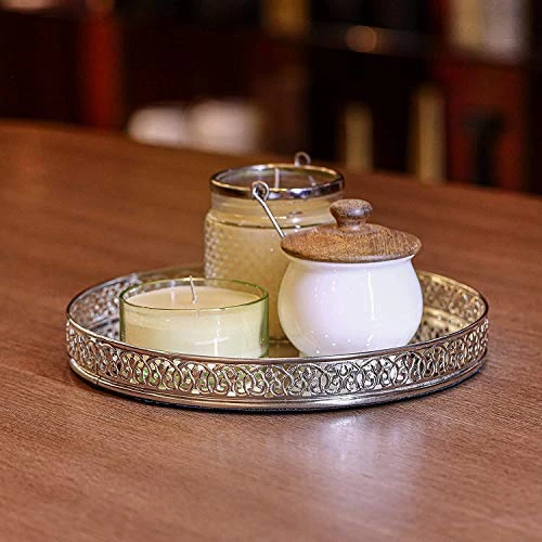Craft Brio -A TRENDY HANDICRAFTS Copper/Silvery/Gold Plated Metal and Glass Round Decorative Laser Cutting Tray Scratch-Resistant Glass Mirror Vanity Cosmetics Perfume Organizer (S view 2