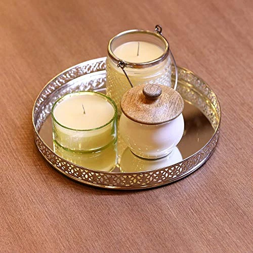 Craft Brio -A TRENDY HANDICRAFTS Copper/Silvery/Gold Plated Metal and Glass Round Decorative Laser Cutting Tray Scratch-Resistant Glass Mirror Vanity Cosmetics Perfume Organizer (S view 5