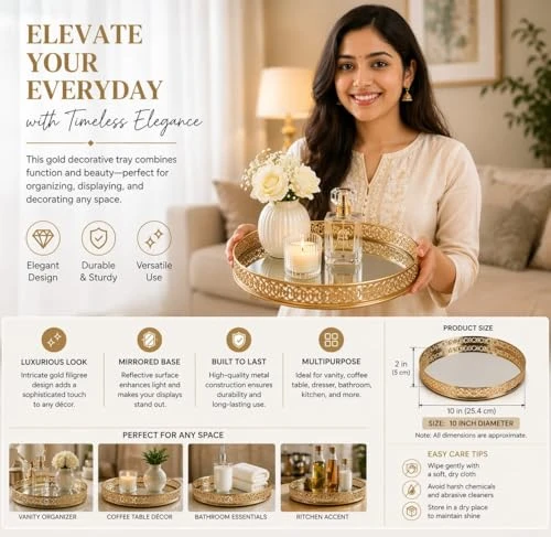 Craft Brio -A TRENDY HANDICRAFTS Round Decorative Mirror Tray 10 inches Dia Gold Plated Round Decorative Glass Mirror for Weeding and Pooja Diwali Gifting (10 X 10 X 2 Inches) view 4