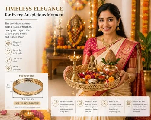 Craft Brio -A TRENDY HANDICRAFTS Round Decorative Mirror Tray 10 inches Dia Gold Plated Round Decorative Glass Mirror for Weeding and Pooja Diwali Gifting (10 X 10 X 2 Inches) view 5