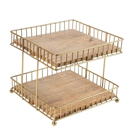 Craft Brio -A TRENDY HANDICRAFTS Metal and Wood Decorative Storage for Fruit Spice 2 Tier Vegetable Baskets in Kitchens - (Gold, 8 inches Height) view 2