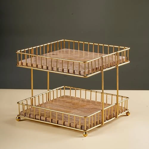 Craft Brio -A TRENDY HANDICRAFTS Metal and Wood Decorative Storage for Fruit Spice 2 Tier Vegetable Baskets in Kitchens - (Gold, 8 inches Height) view 3