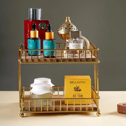Craft Brio -A TRENDY HANDICRAFTS Metal and Wood Decorative Storage for Fruit Spice 2 Tier Vegetable Baskets in Kitchens - (Gold, 8 inches Height) view 4