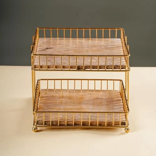 Craft Brio -A TRENDY HANDICRAFTS Metal and Wood Decorative Storage for Fruit Spice 2 Tier Vegetable Baskets in Kitchens - (Gold, 8 inches Height) view 5