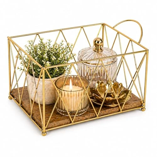 Craft Brio -A TRENDY HANDICRAFTS Gold Wire Wood Baskets Storage Bin Metal Wire Organizers /Basket with Handles (Size 11 X 8 X 5.5 Inches) view 2