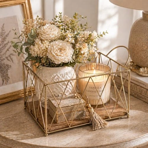Craft Brio -A TRENDY HANDICRAFTS Gold Wire Wood Baskets Storage Bin Metal Wire Organizers /Basket with Handles (Size 11 X 8 X 5.5 Inches) view 4