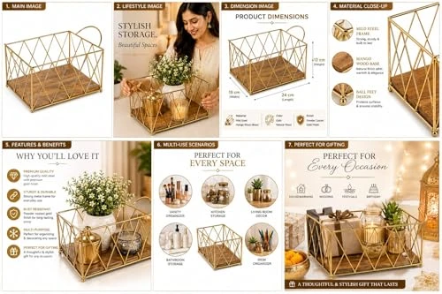 Craft Brio -A TRENDY HANDICRAFTS Gold Wire Wood Baskets Storage Bin Metal Wire Organizers /Basket with Handles (Size 11 X 8 X 5.5 Inches) view 5