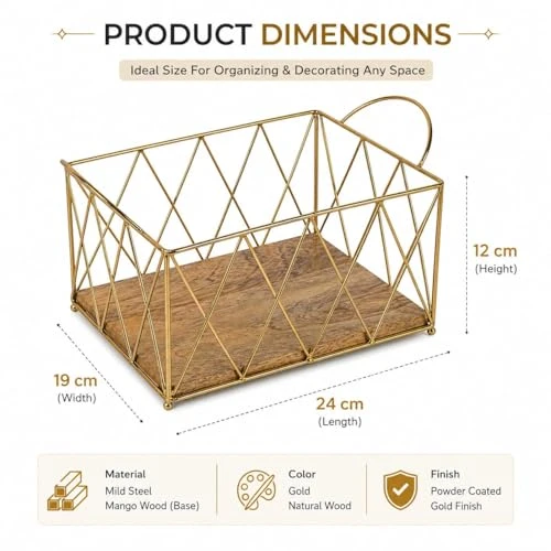 Craft Brio -A TRENDY HANDICRAFTS Gold Wire Wood Baskets Storage Bin Metal Wire Organizers /Basket with Handles (Size 11 X 8 X 5.5 Inches) view 6