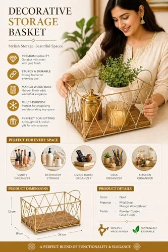 Craft Brio -A TRENDY HANDICRAFTS Gold Wire Wood Baskets Storage Bin Metal Wire Organizers /Basket with Handles (Size 11 X 8 X 5.5 Inches) view 7