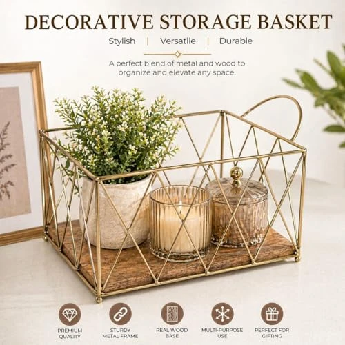 Craft Brio -A TRENDY HANDICRAFTS Gold Wire Wood Baskets Storage Bin Metal Wire Organizers /Basket with Handles (Size 11 X 8 X 5.5 Inches) view 8