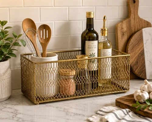 Craft Brio -A TRENDY HANDICRAFTS Decorative Gold Plated Metal Wire Basket Organizer for Kitchen & Bathroom | Countertop Storage Caddy for Containers, Cosmetics & Office Supplies view 3