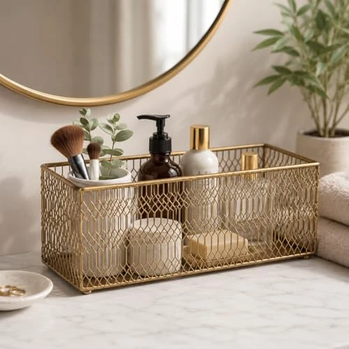 Craft Brio -A TRENDY HANDICRAFTS Decorative Gold Plated Metal Wire Basket Organizer for Kitchen & Bathroom | Countertop Storage Caddy for Containers, Cosmetics & Office Supplies view 4