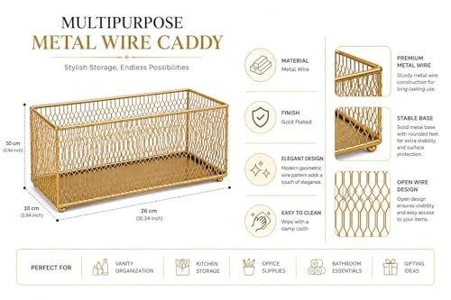 Craft Brio -A TRENDY HANDICRAFTS Decorative Gold Plated Metal Wire Basket Organizer for Kitchen & Bathroom | Countertop Storage Caddy for Containers, Cosmetics & Office Supplies view 5