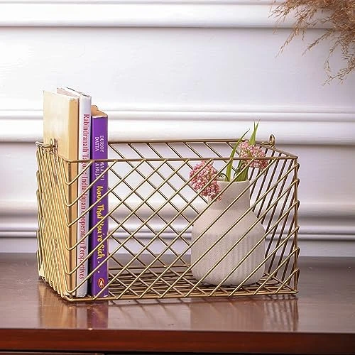 Craft Brio -A TRENDY HANDICRAFTS Gold Plated Square Wire Metal Basket Decorative Gifting Storage Organizer with Handle Kitchen Bathroom Home Decor Basket view 3